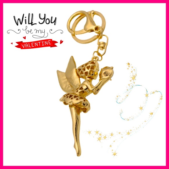 Fairy Keychain or Bag Charm, Gold With Pink and White Rhinestones - Picture 2 of 3